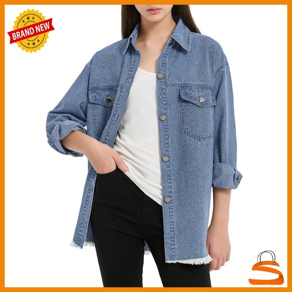Girls Denim Jacket Oversized Lightweight Button Front Frayed Hem